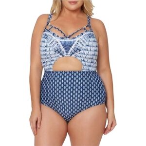 Jessica Simpson Women's Blue/White Shibori Batik Tie Dye Print Cutout Swimsuit